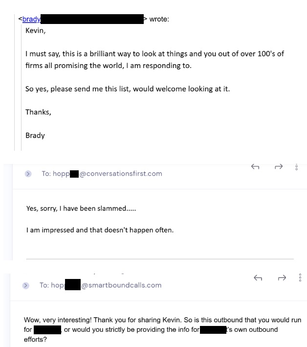 Three positive email replies from prospects.